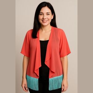 LuLaRoe Bright Coral Sheer Cardigan with Aqua Fringe